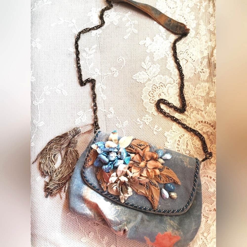 MARY FRANCES Beaded 3D Flowers Suede Crossbody Purse